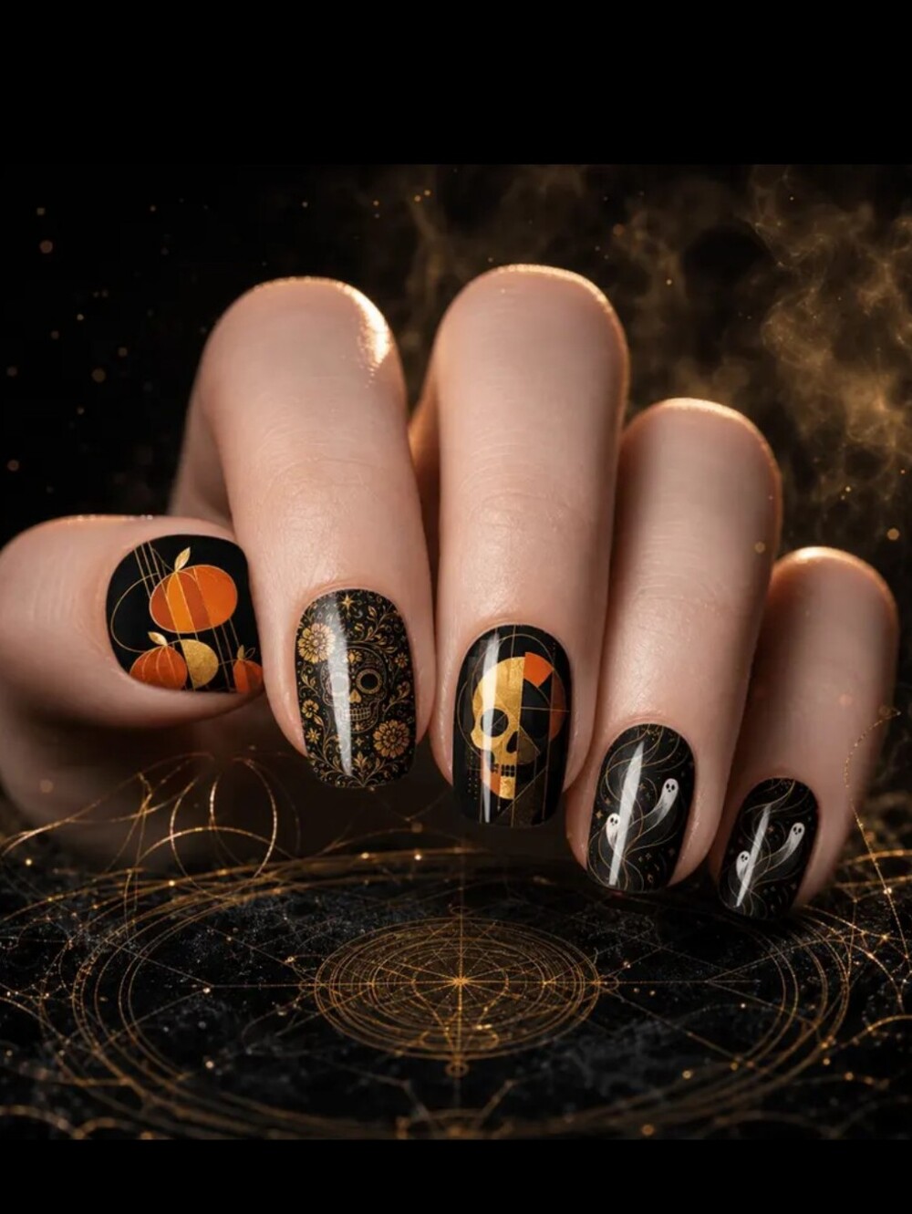 5/10🍀 24pcs Gothic Skull/Ghost/Pumpkin Etc Press On Nails
